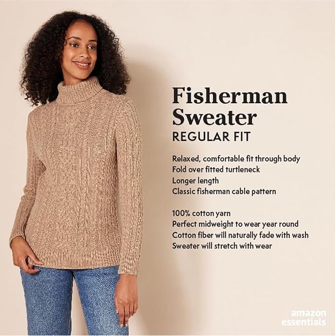 Amazon Essentials Women's Long Sleeve Fisherman Cable Knit Turtleneck Sweater, Cotton